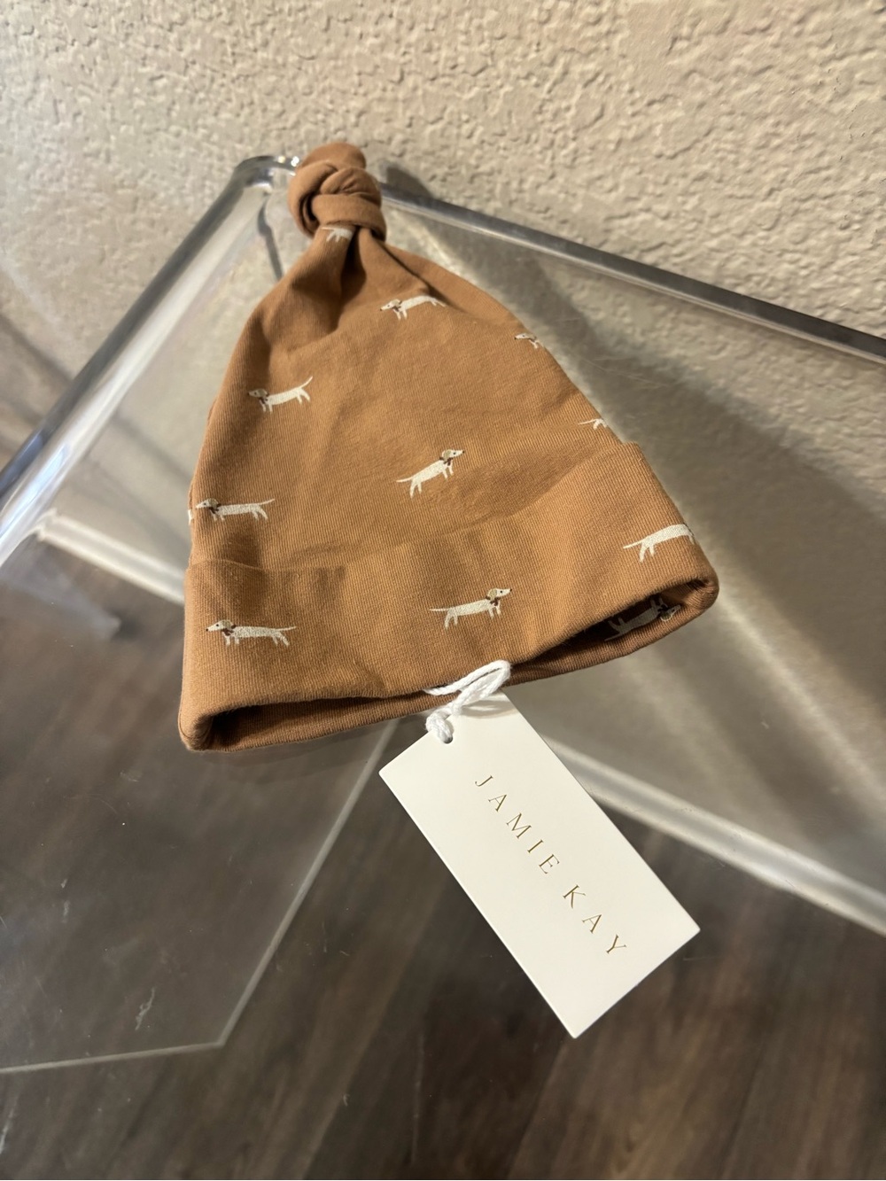 Jamie Kay Tan Knot Baby Hat with Cream Dog Print